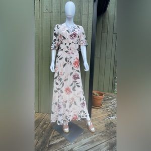 ***SOLD***Calvin Klein Women's Sheer Overlay Sleeves Floral Fit Flare MIDI Dress